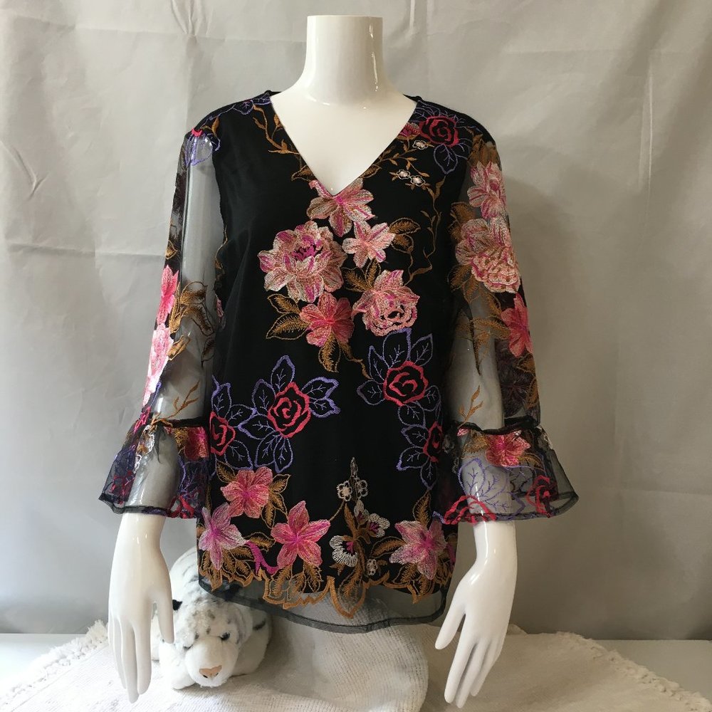 NWT BEIGE by ECI - Embroidered Floral Black V Neck Top with Bell Sleeves  Size S